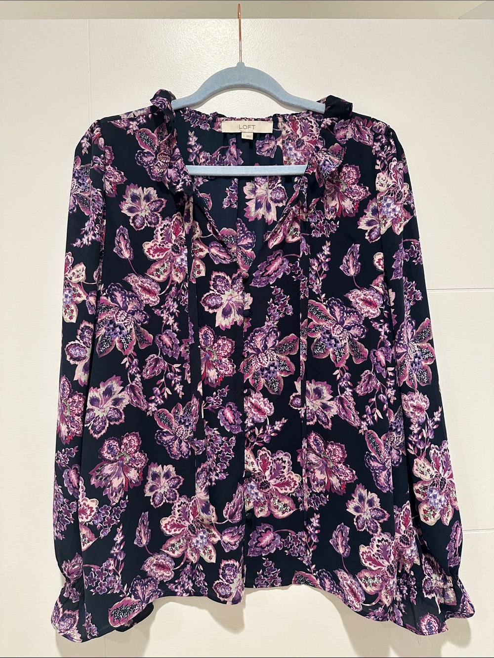 LOFT Navy Floral Tie-Neck Blouse with Purple and Pink Blooms